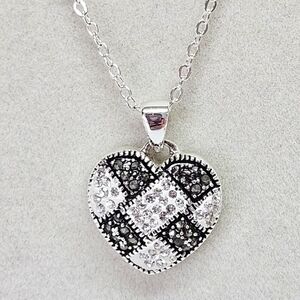 LA Gem Silver & Black Rhinestone Patchwork Heart Pendant Necklace Dainty